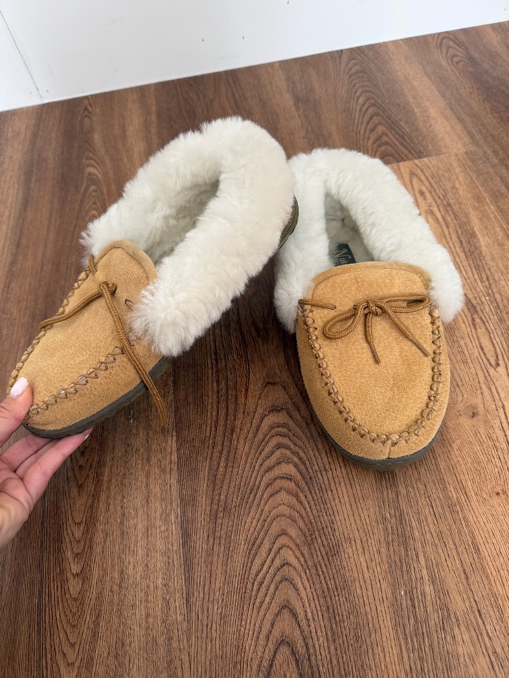 Faux-Shearling Moccasin Slippers - Tan